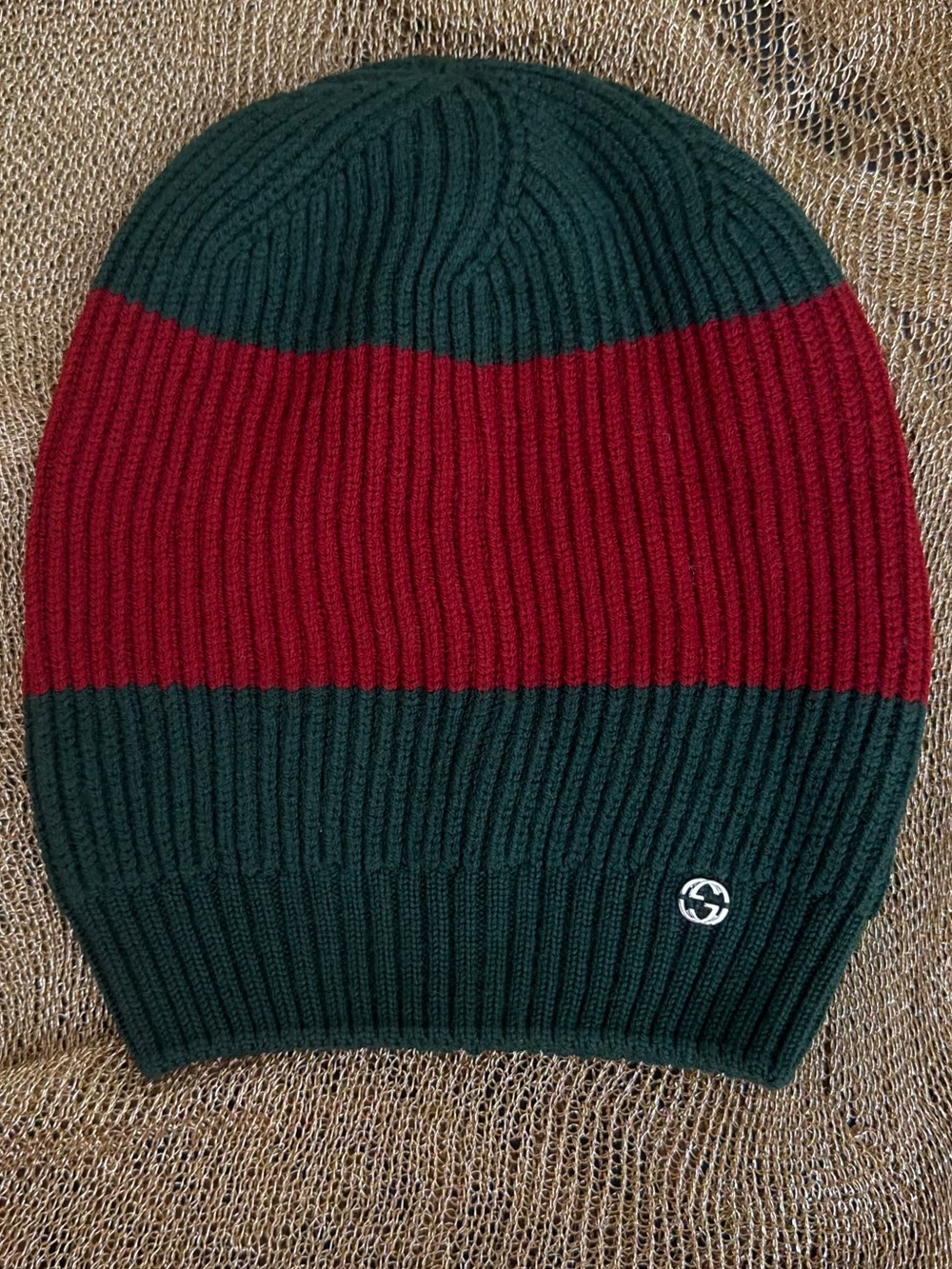Classic New Gucci Green and Red Ribbed Wool Beanie